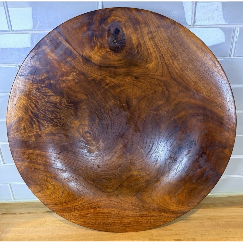 Handmade Round Wooden Serving Bowl 15 in Diameter Brown Wood Grain Smooth Finish